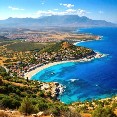 The primary subject of the image is a beautiful beach scene with a clear blue ocean, a sandy beach, and a mountain in the background. The setting is a picturesque coastal area with a lush green hillside. The visual style of the image is a photo, capturing the natural beauty of the landscape. The colors and mood of the scene are vibrant and serene, with the blue ocean and green hillside creating a sense of tranquility and relaxation.